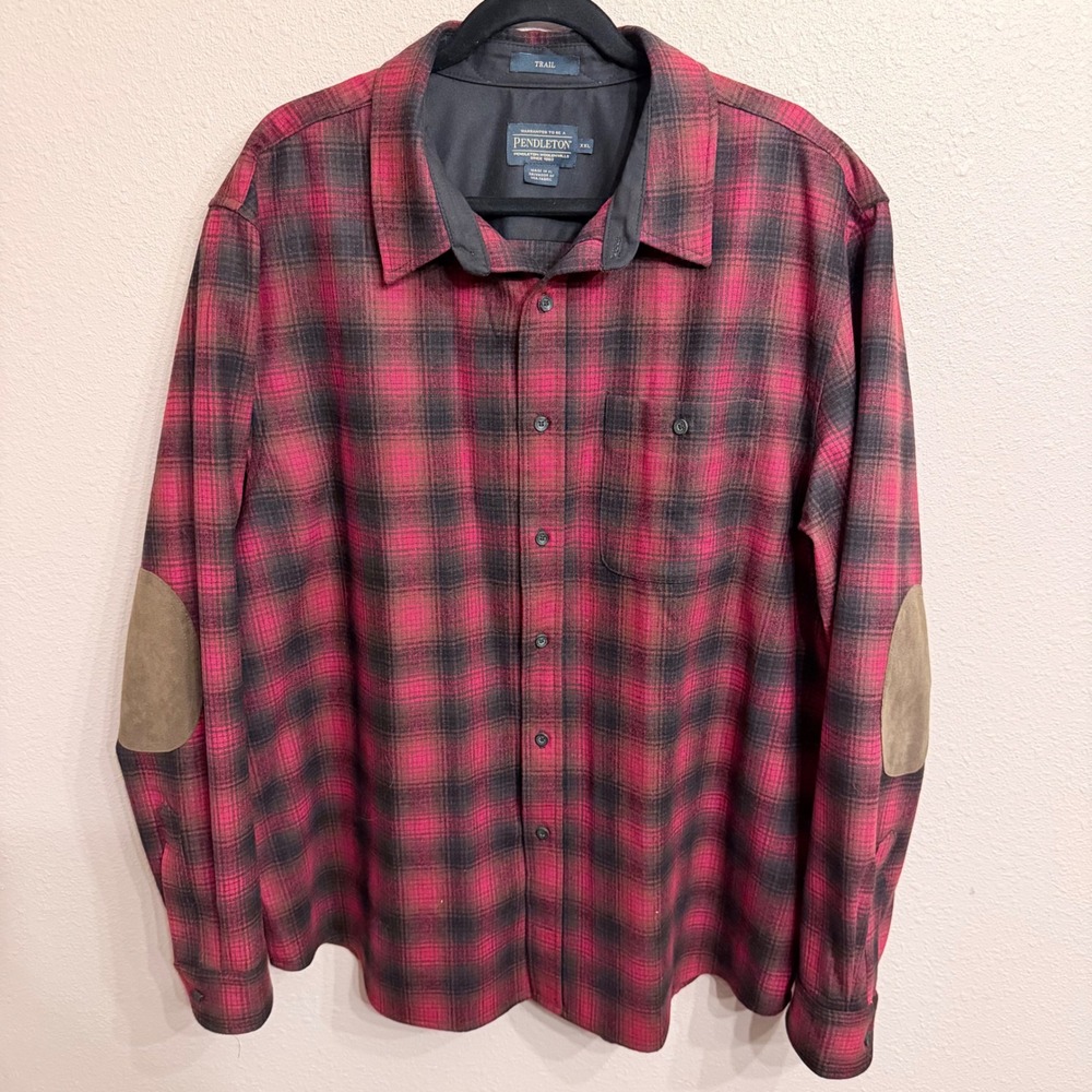 Pendleton Trail Shirt Mens XXL Red Black Plaid Wool Elbow Patches Button Down - Picture 1 of 7